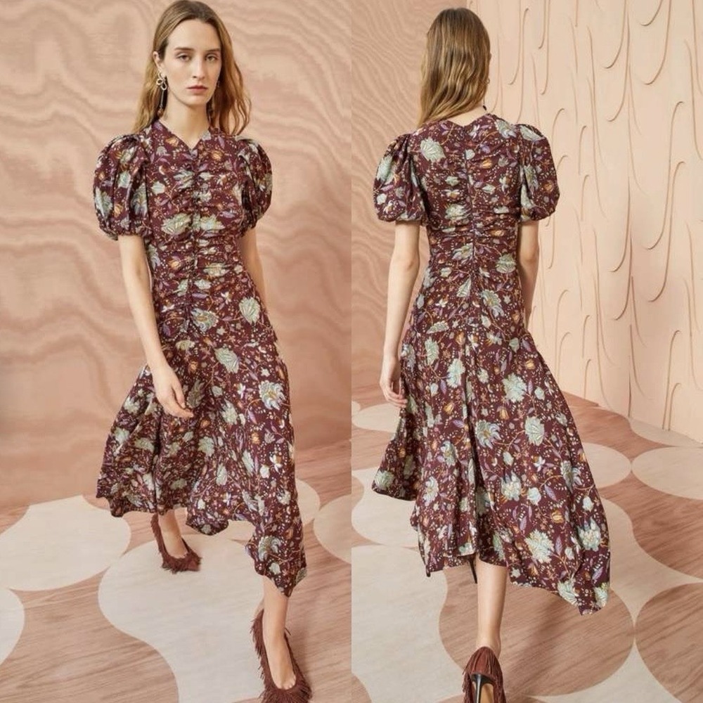 Ulla Johnson 100% Silk Heleen Floral Midi Dress Heliotrope Burgundy Luxury 6